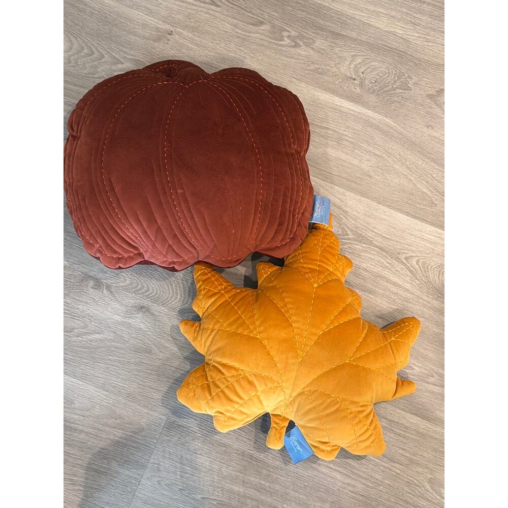 2 Emeyn House Fall pillows a pumpkin and a leaf